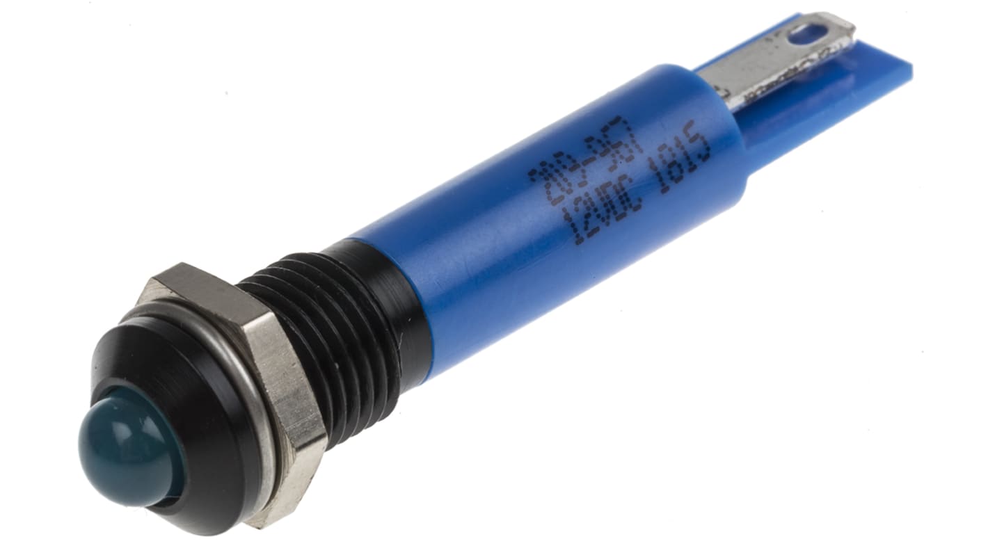 RS PRO Blue Panel Mount Indicator, 12V dc, 8mm Mounting Hole Size, Solder Tab Termination