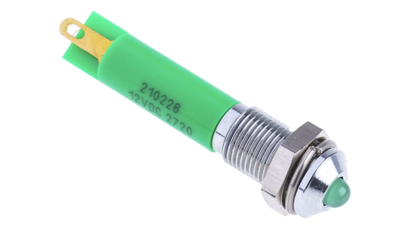 RS PRO Green Panel Mount Indicator, 12V dc, 6mm Mounting Hole Size, Solder Tab Termination