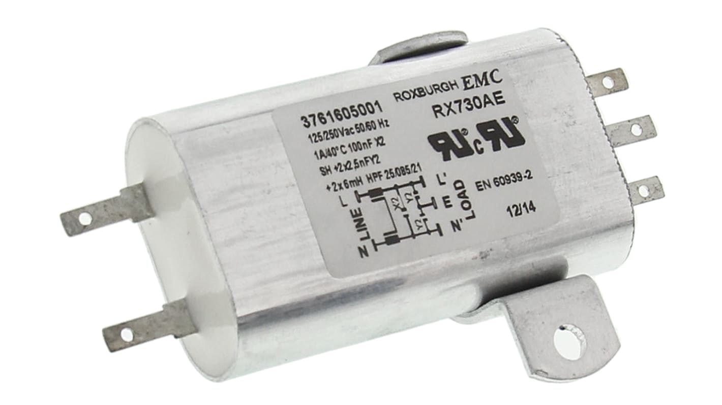 Filtre RFI Roxburgh EMC, 1A max, monophasé  phases, 250 V c.a. max, Montage sur châssis, série RX730