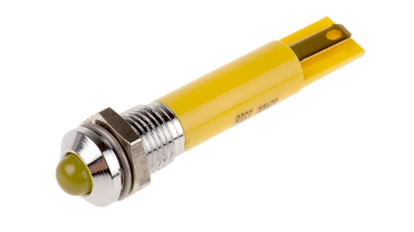 Indicador LED intermitente RS PRO, Amarillo, lente prominente, marco Cromo, Ø montaje 8mm, 12V dc, 20mA, 40mcd