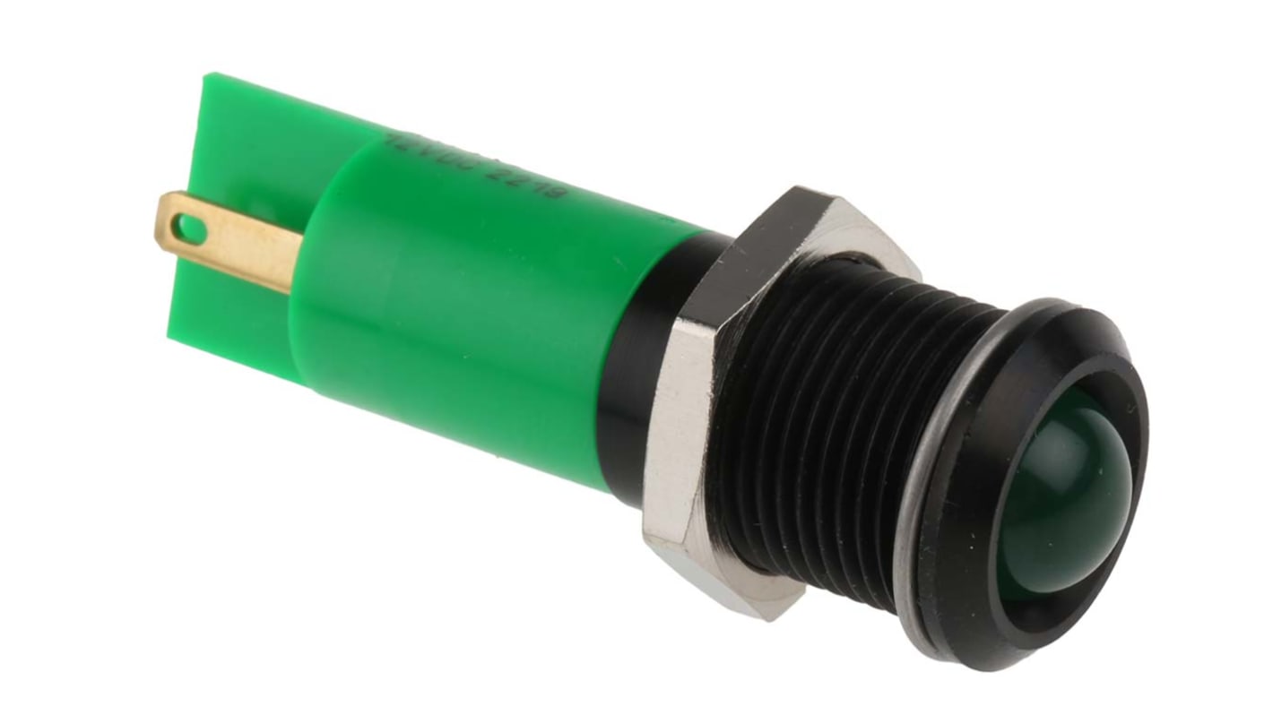 RS PRO Green Panel Mount Indicator, 12V dc, 14mm Mounting Hole Size, Solder Tab Termination