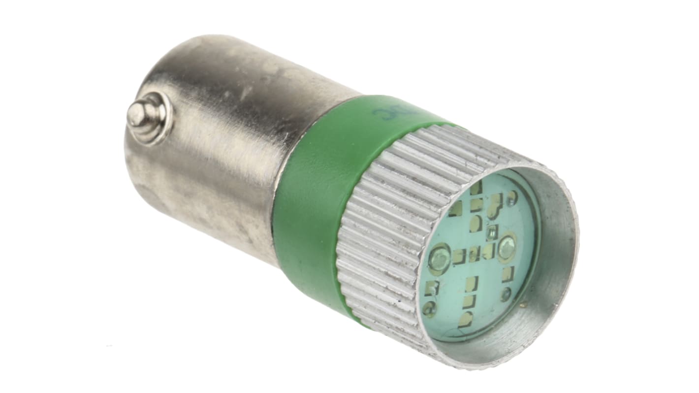 RS PRO, RS PRO Green LED Indicator Lamp, 24V ac/dc, BA9s Base, 10mm  Diameter, 1610mcd, 208-655