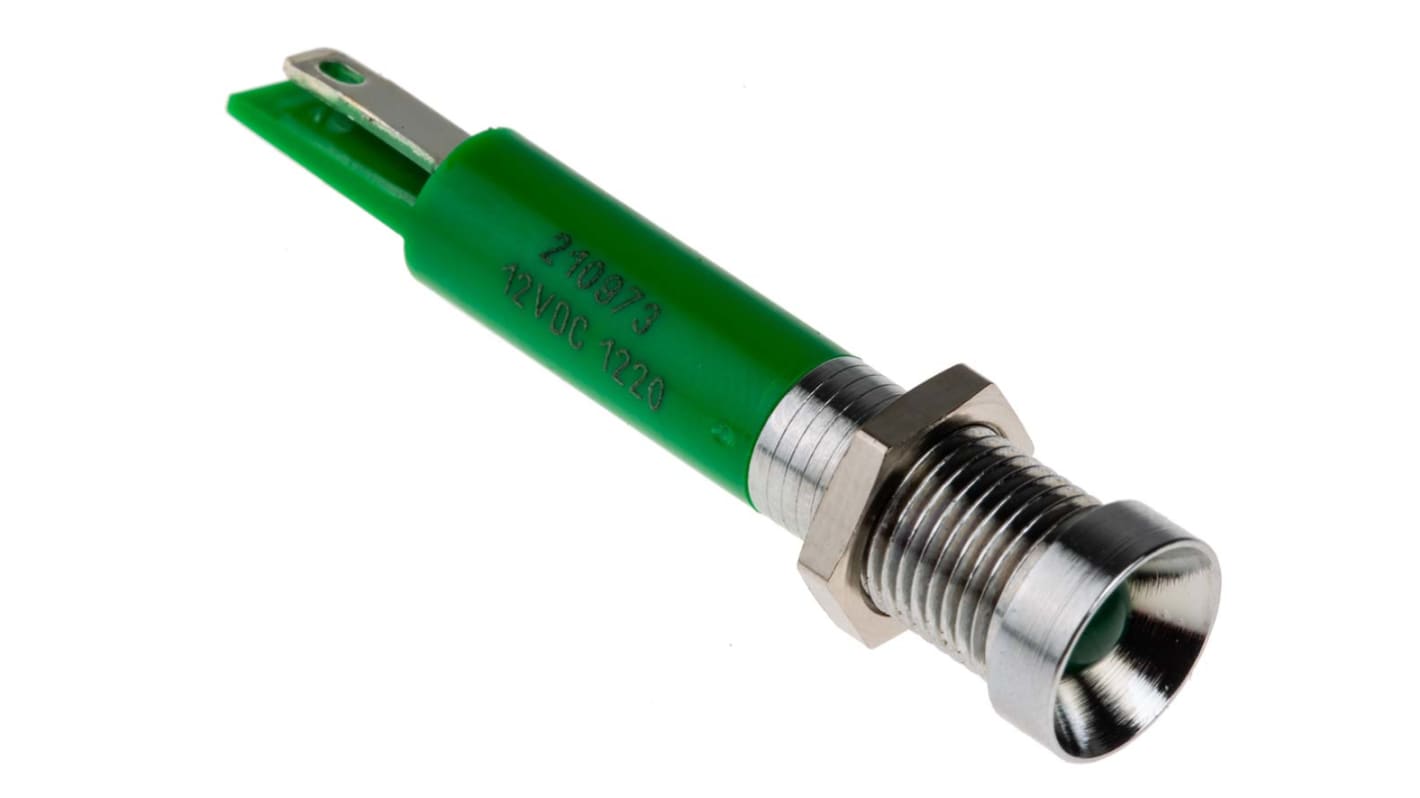 Indicador LED RS PRO, Verde, lente rebajada, marco Cromo, Ø montaje 8mm, 12V dc, 20mA, 40mcd