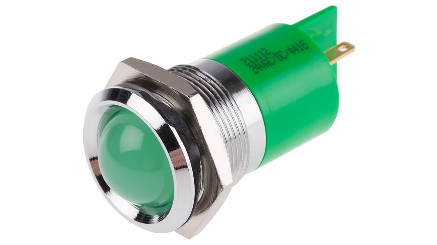 Indicador LED RS PRO, Verde, lente prominente, marco Cromo, Ø montaje 22mm, 20mA, 95mcd