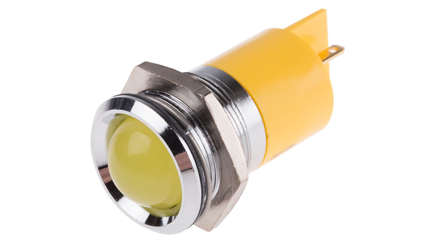 Indicador LED RS PRO, Amarillo, lente prominente, marco Cromo, Ø montaje 22mm, 24V, 20mA, 60mcd