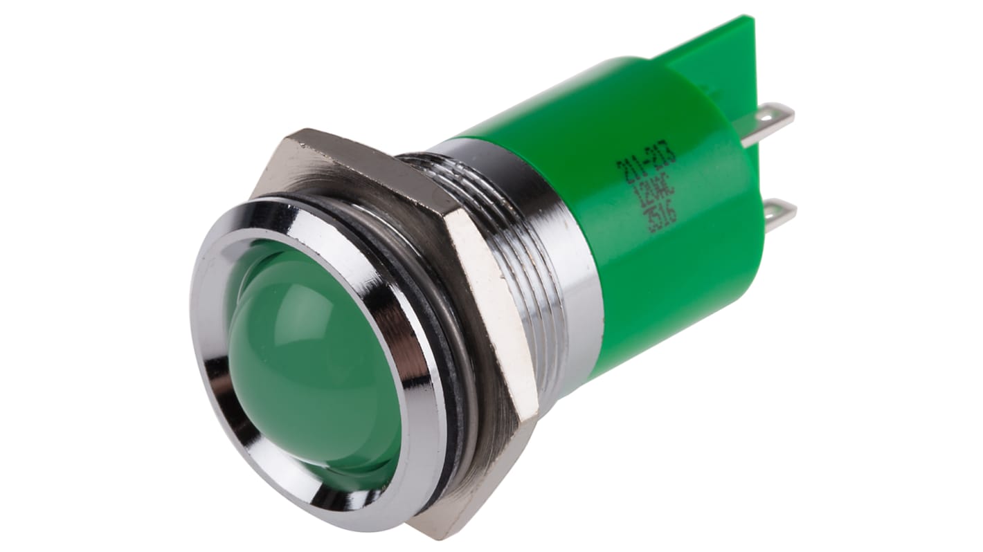 Indicador LED RS PRO, Verde, lente prominente, marco Cromo, Ø montaje 22mm, 12V, 20mA, 95mcd
