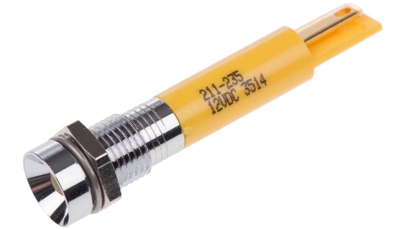 RS PRO Yellow Panel Mount Indicator, 12V dc, 8mm Mounting Hole Size, Solder Tab Termination