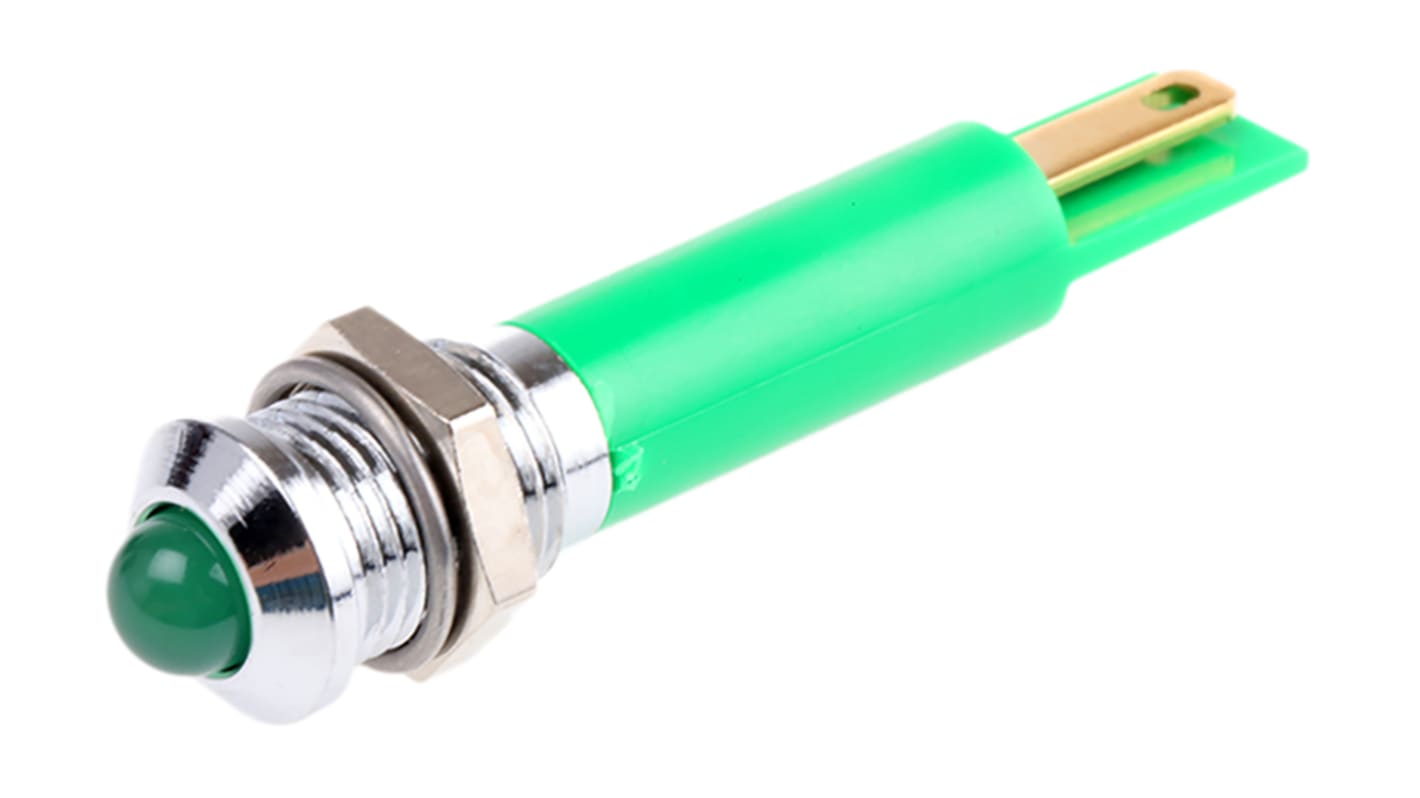 RS PRO Green Panel Mount Indicator, 12V dc, 8mm Mounting Hole Size, Solder Tab Termination