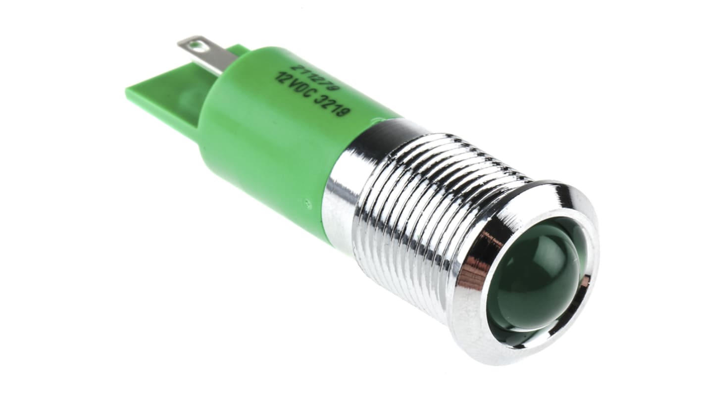 RS PRO Green Panel Mount Indicator, 12V dc, 14mm Mounting Hole Size, Solder Tab Termination