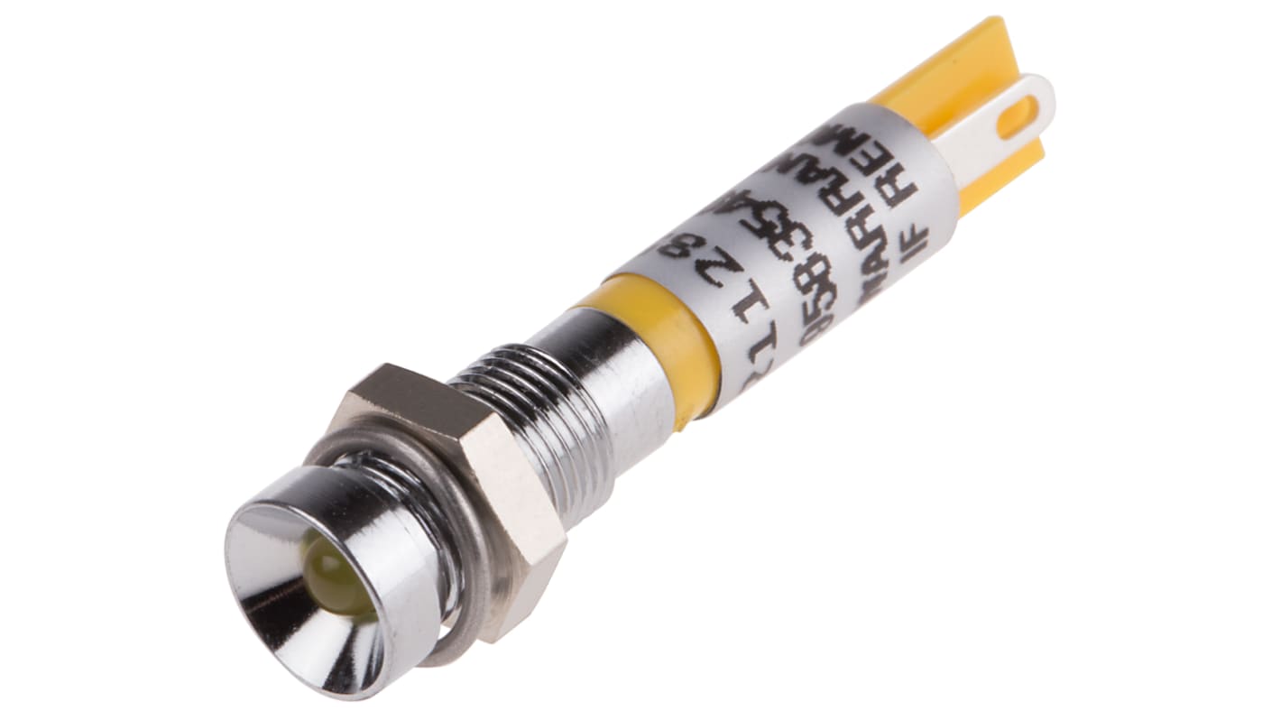 RS PRO Yellow Panel Mount Indicator, 12V dc, 6mm Mounting Hole Size, Solder Tab Termination