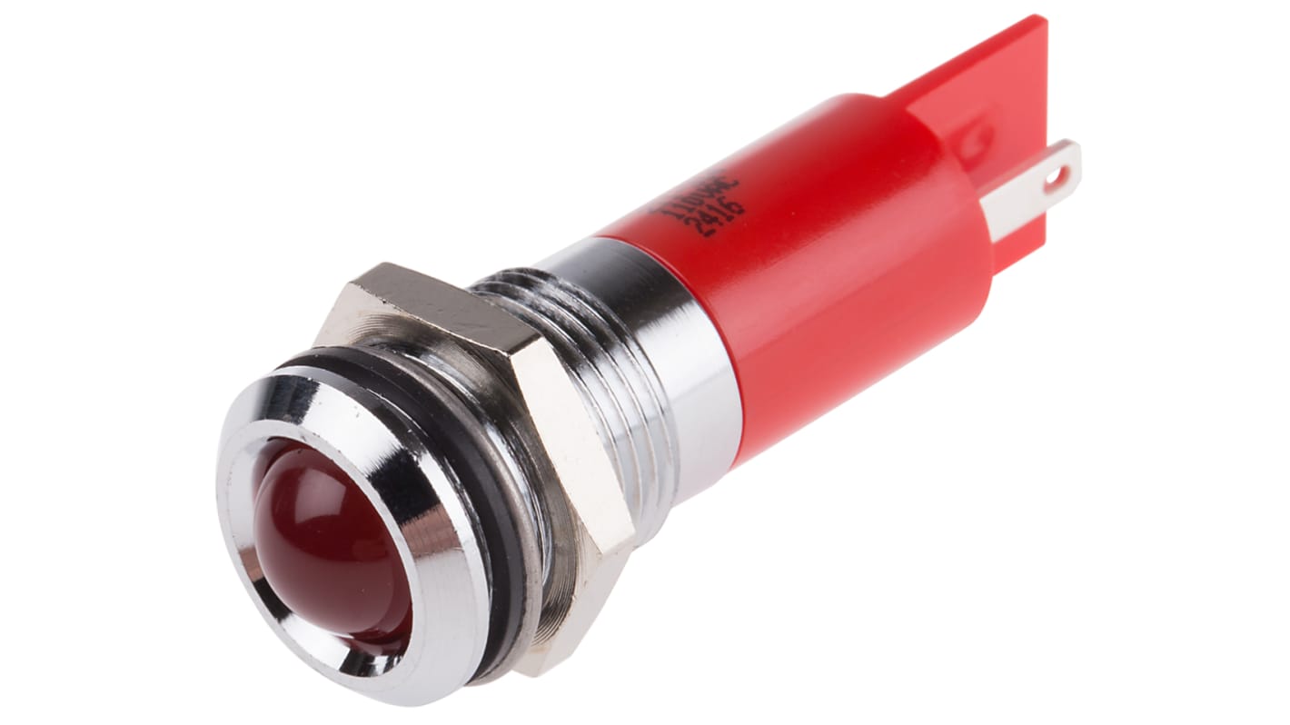 Indicador RS PRO, Rojo, lente prominente, marco Cromo, Ø montaje 14.5mm, 110V ac, IP40