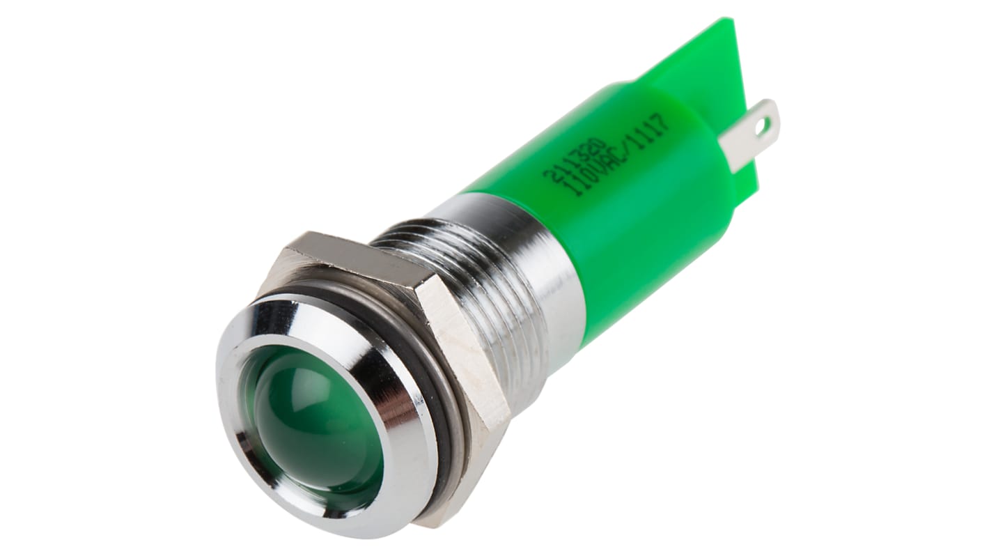 RS PRO Green Panel Mount Indicator, 110V ac, 14.5mm Mounting Hole Size, Solder Tab Termination, IP40