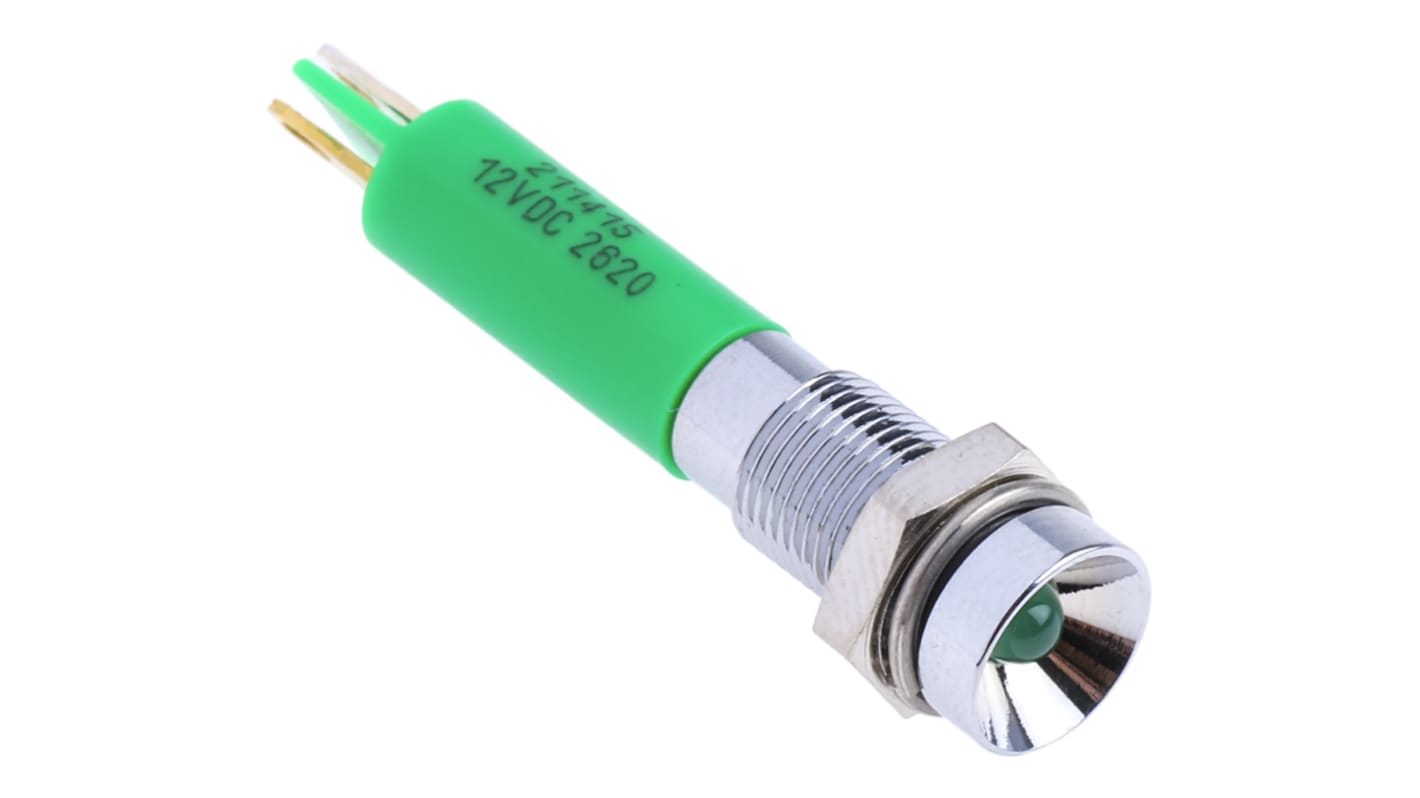 RS PRO Green Panel Mount Indicator, 12V dc, 6mm Mounting Hole Size, Solder Tab Termination