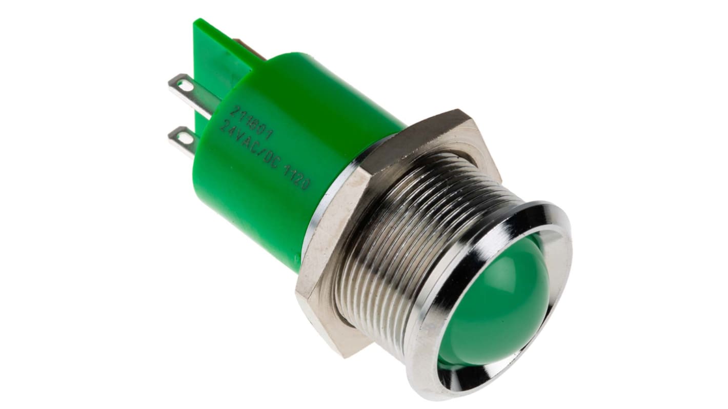 Indicador LED RS PRO, Verde, lente prominente, marco Cromo, Ø montaje 22mm, 20mA, 95mcd