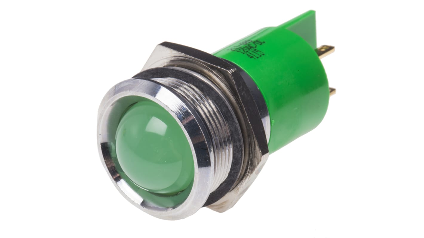 Indicador LED RS PRO, Verde, lente prominente, marco Cromo, Ø montaje 22mm, 12V, 20mA, 95mcd