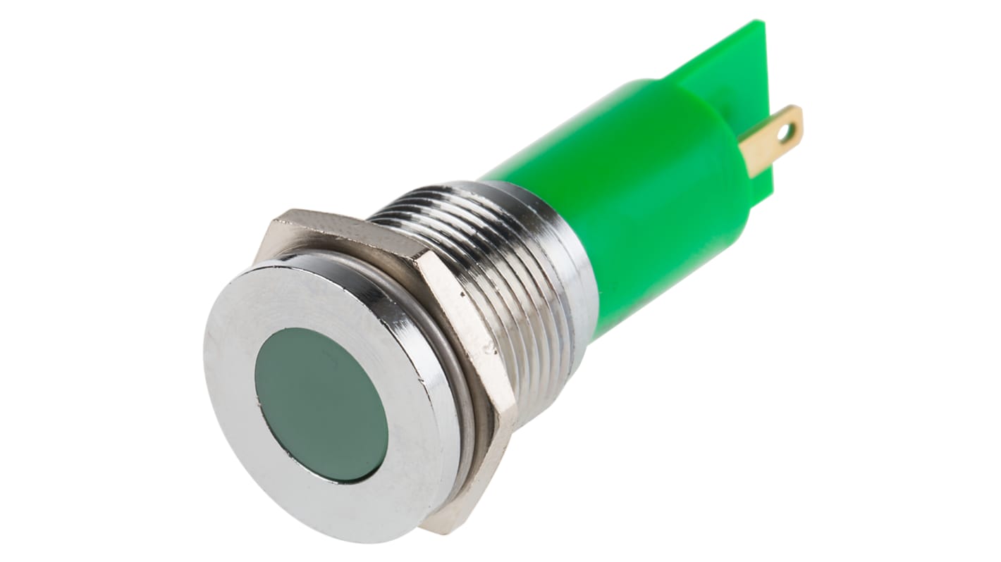 Indicador LED RS PRO, Verde, lente enrasada, marco Cromo, Ø montaje 16mm, 20mA, 5mcd, IP67