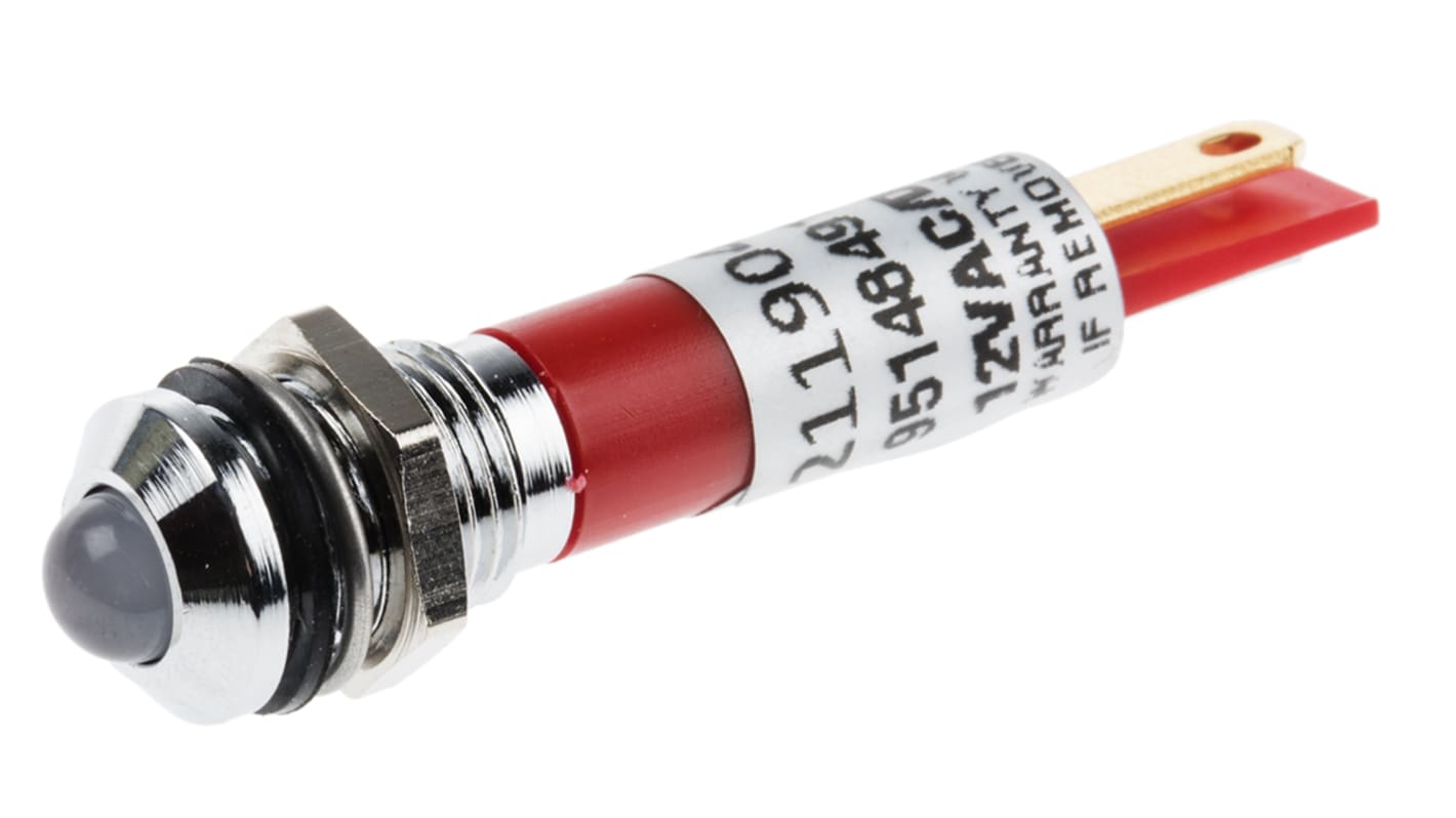 Indicador LED RS PRO, Rojo, lente prominente, marco Cromo, Ø montaje 8mm, 12V, 20mA, 50mcd, IP67