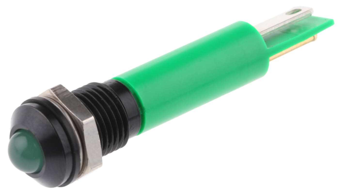 RS PRO Green Panel Mount Indicator, 24V dc, 8mm Mounting Hole Size, Faston, Solder Lug Termination, IP67