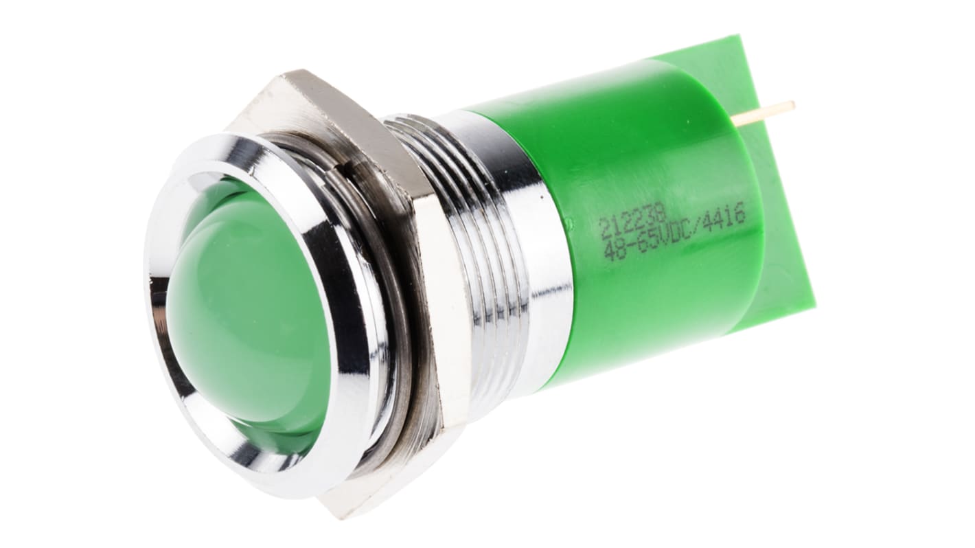 Indicatore da pannello RS PRO Verde  a LED, 48 → 65V cc, Sporgente, foro da 22mm