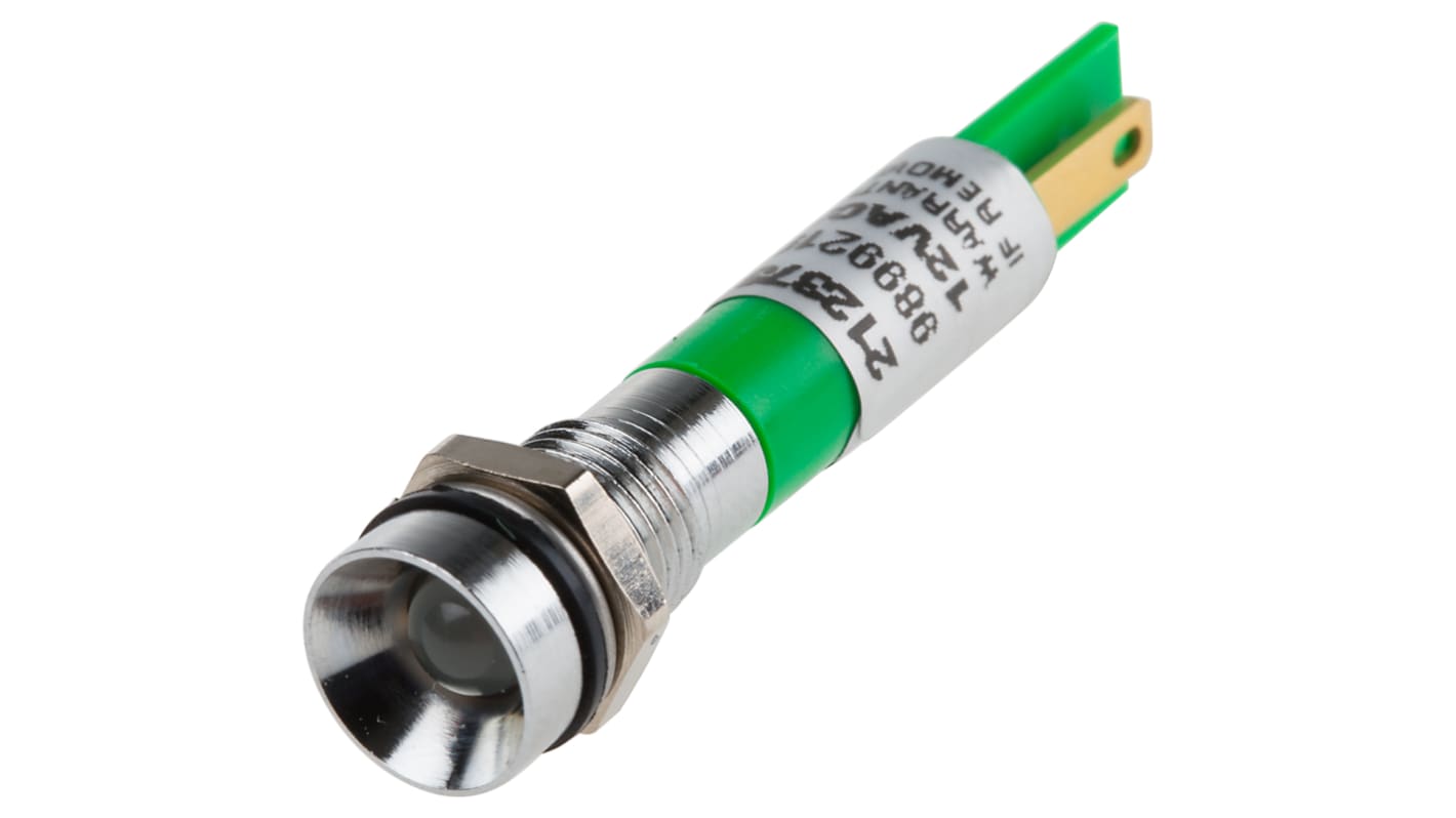 RS PRO Green Panel Mount Indicator, 12V, 8mm Mounting Hole Size, Solder Tab Termination, IP67