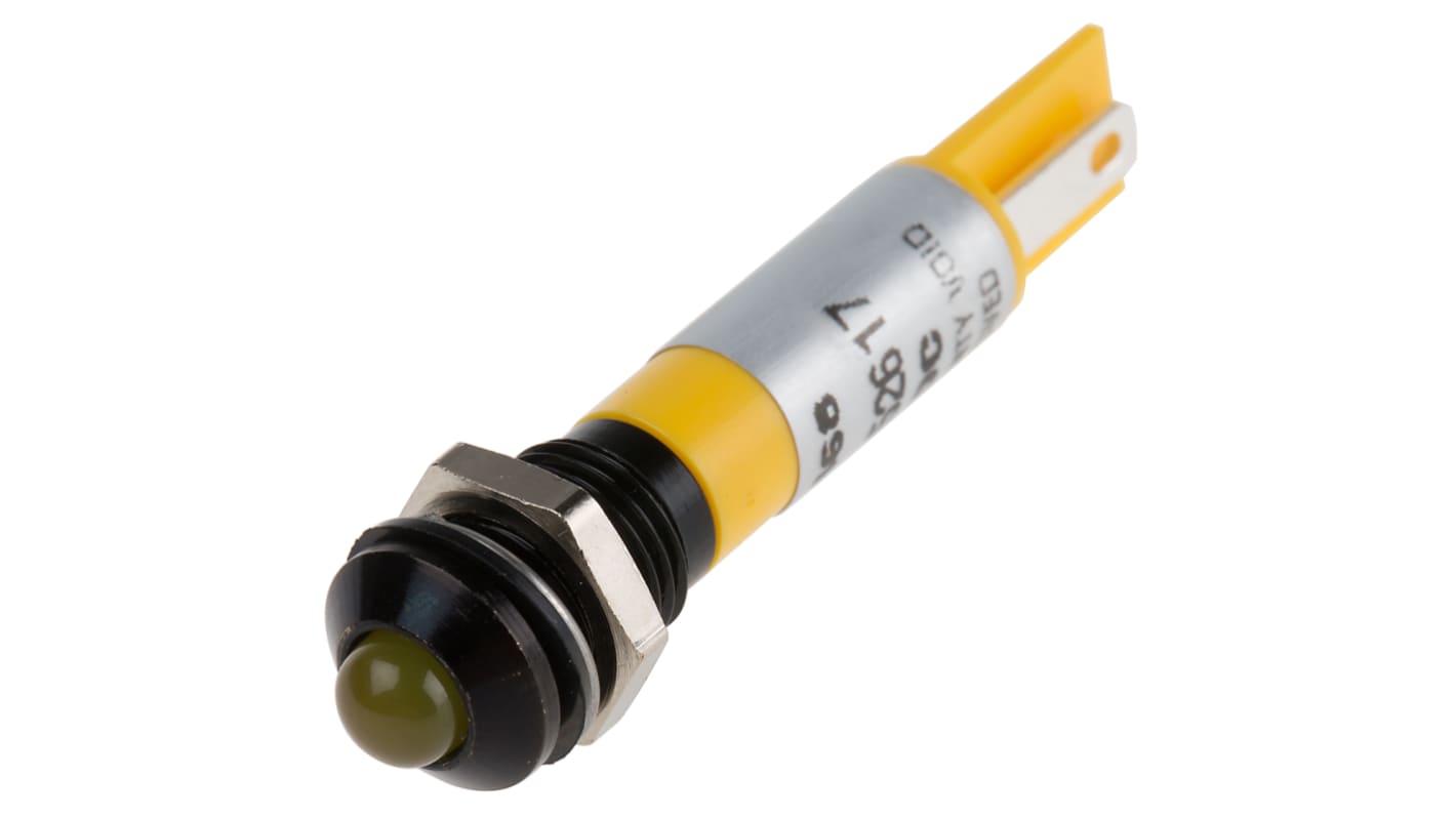 RS PRO Yellow Panel Mount Indicator, 12V, 8mm Mounting Hole Size, Solder Tab Termination, IP67