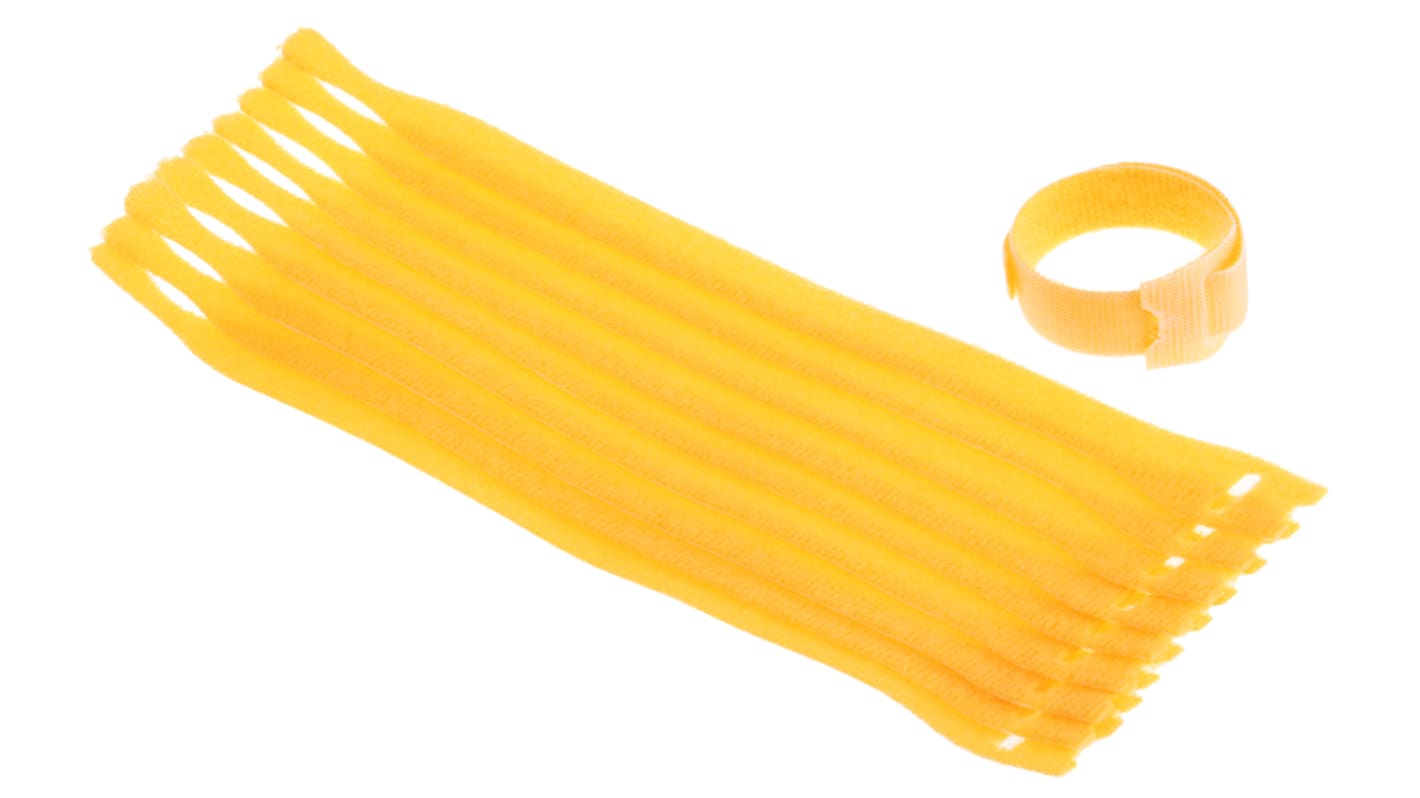 HellermannTyton Cable Tie, Hook and Loop, 200mm x 12.5 mm, Yellow PA (Loop), PE (Hook), Pk-10