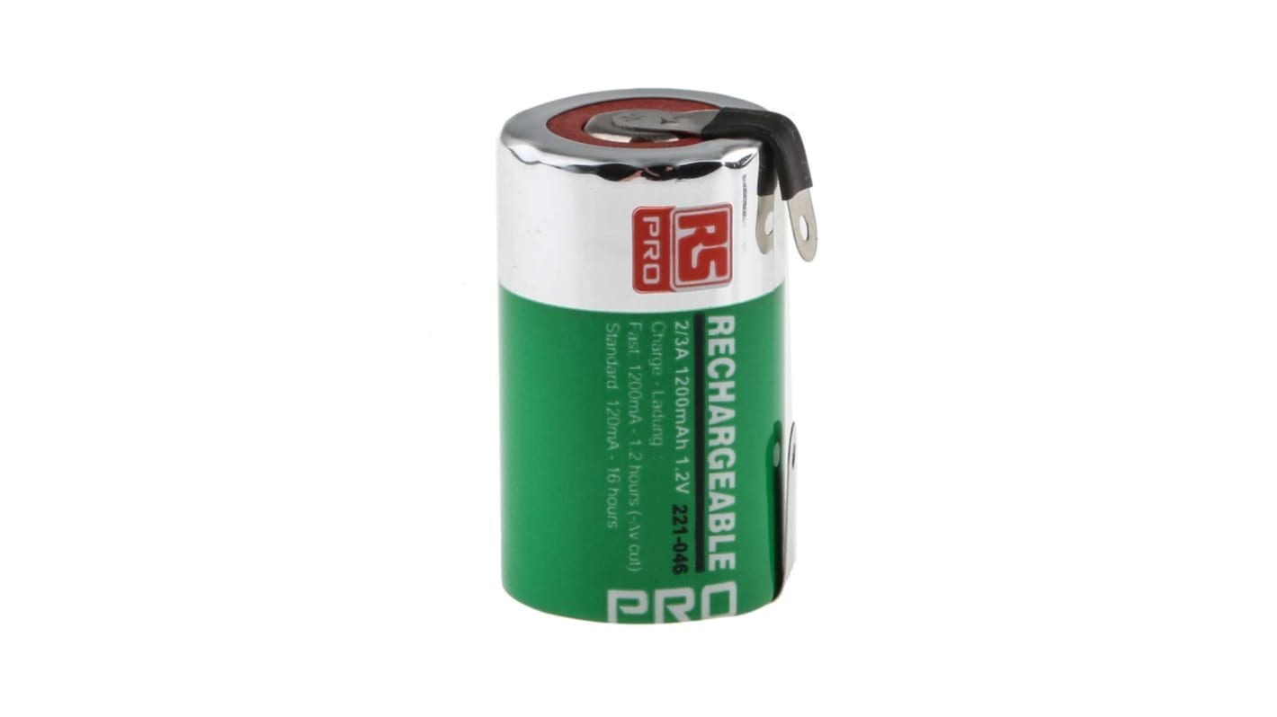 RS PRO Genopladeligt batteri, 1.2V, NiMH, Terminaler: Tags, 1.2Ah
