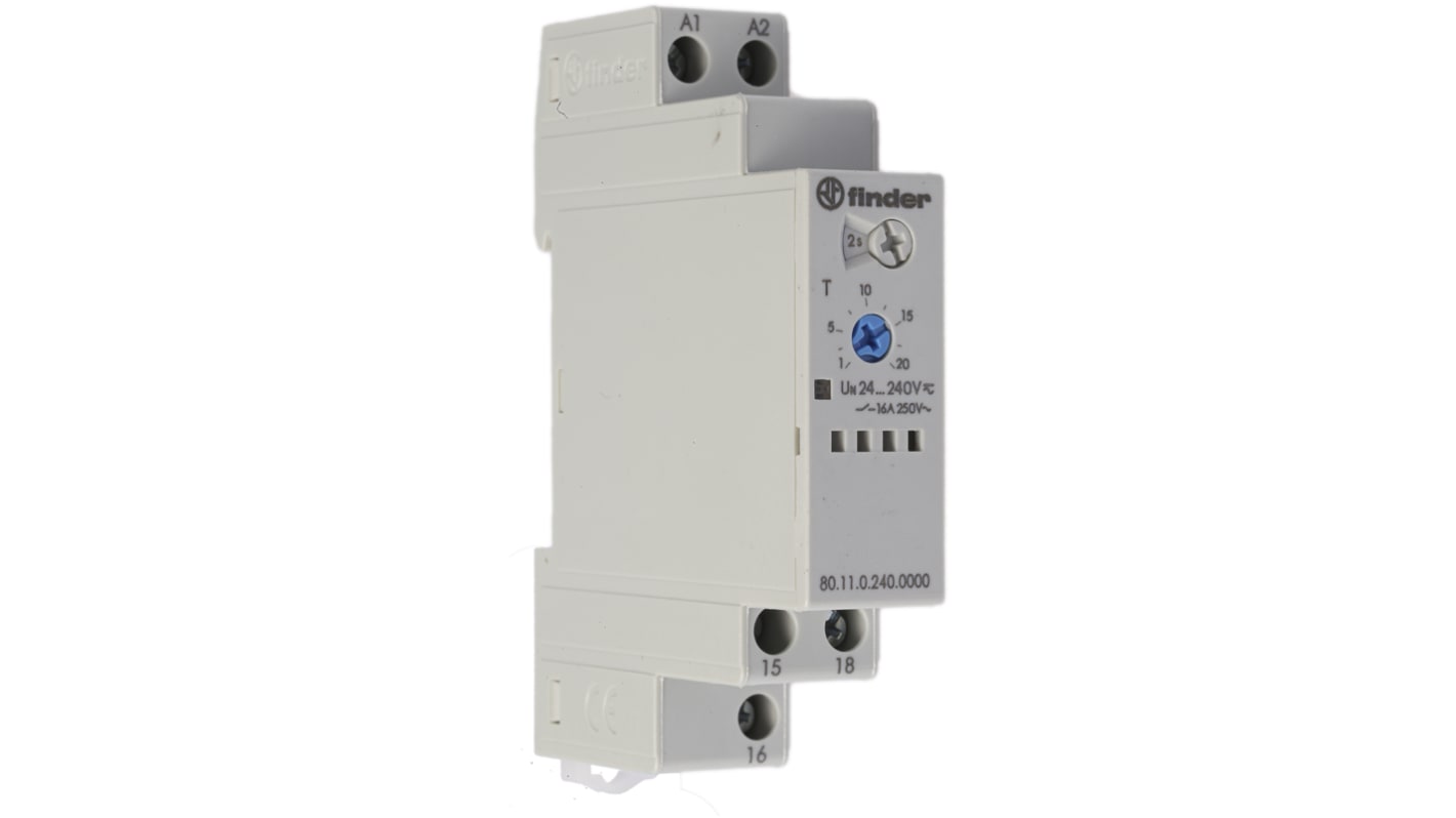 Finder 80 Series Series DIN Rail Mount Timer Relay, 24 → 240V ac/dc, 1-Contact, 0.1 → 20 s, 0.1 →