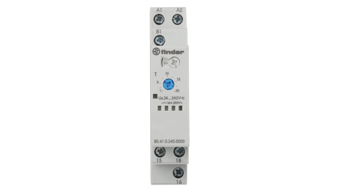 Finder 80 Series Series DIN Rail Mount Timer Relay, 24 → 240V ac/dc, 1-Contact, 0.1 → 20 s, 0.1 →