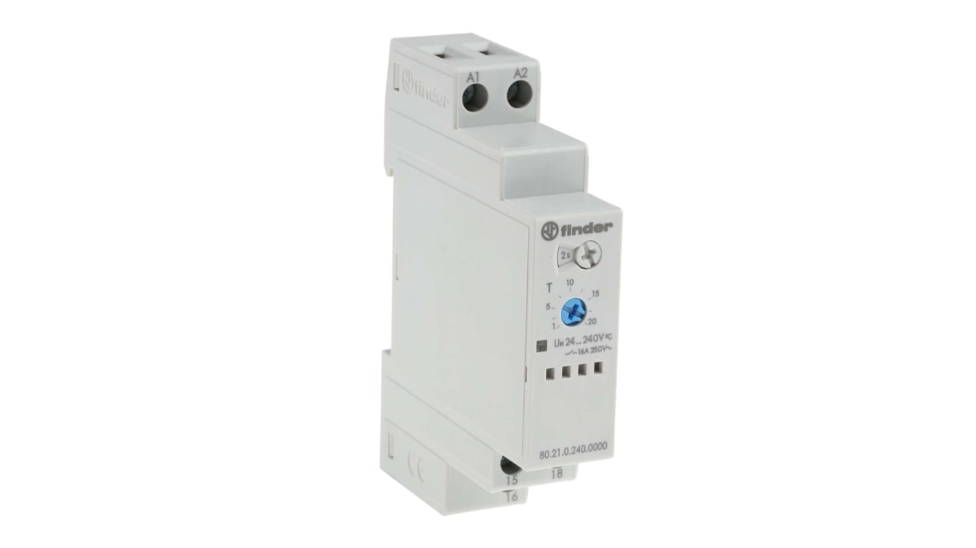 Finder 80 Series Series DIN Rail Mount Timer Relay, 24 → 240V ac/dc, 1-Contact, 0.1 → 20 s, 0.1 →