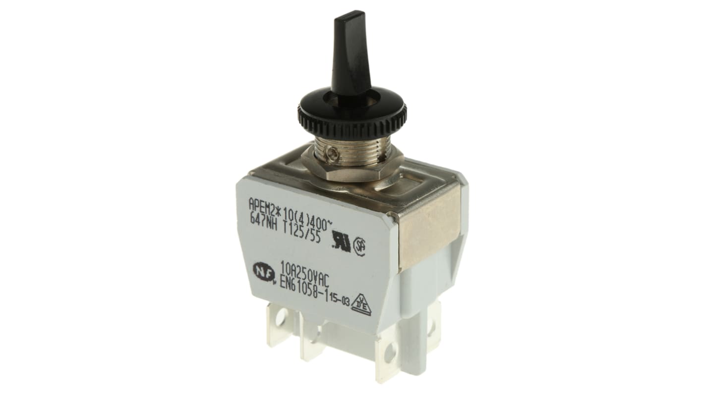 APEM Toggle Switch, Panel Mount, (On)-Off-(On), DPDT, Tab Terminal