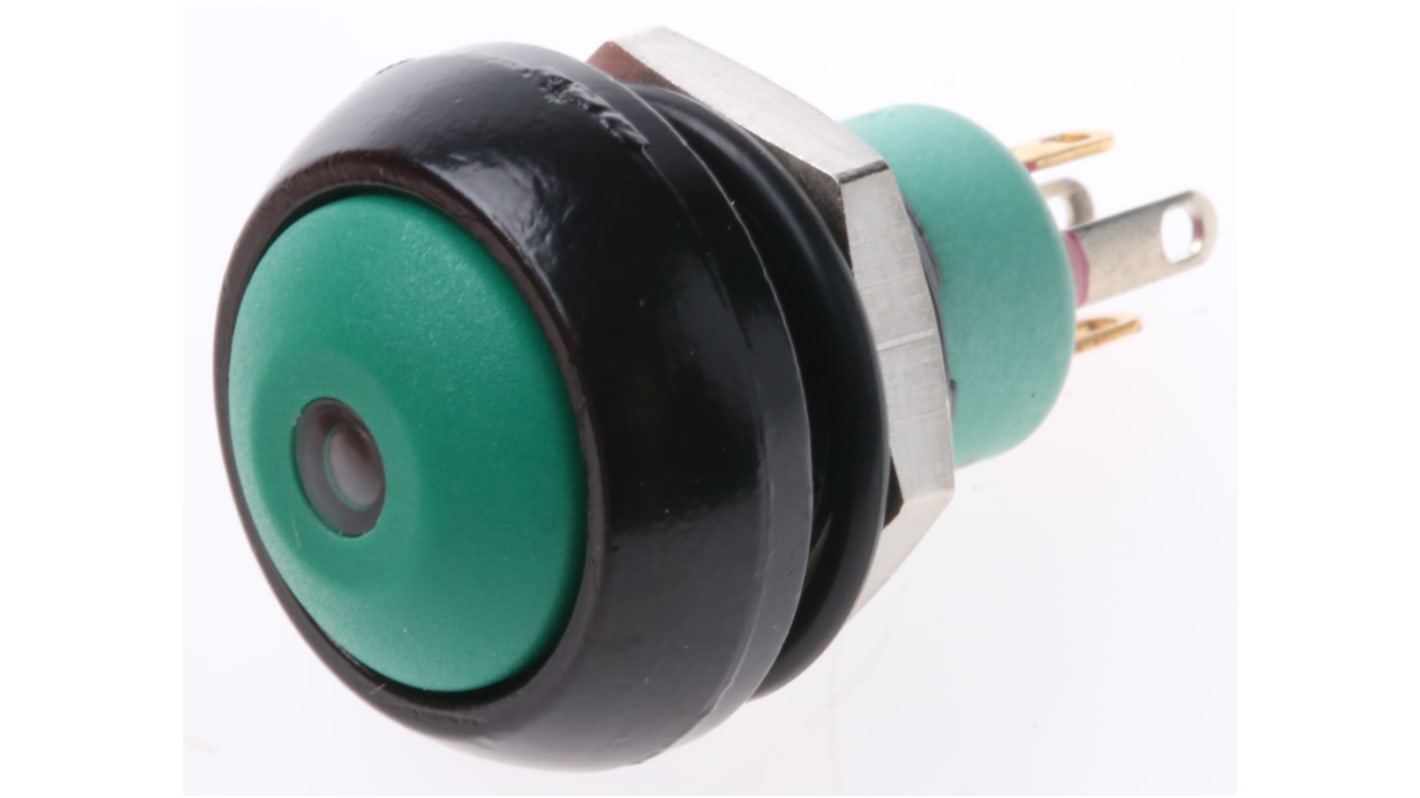 Interruptor de Botón Pulsador APEM, color de botón Verde, SPST, acción momentánea, 5 A a 28 V dc, 28V dc, Montaje en