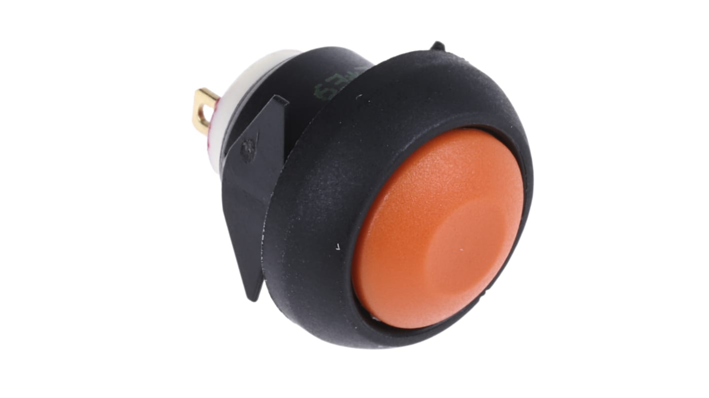 Interruptor de Botón Pulsador En Miniatura APEM, color de botón Orange, SPST, acción momentánea, 400 mA a 32 V ac, 32V