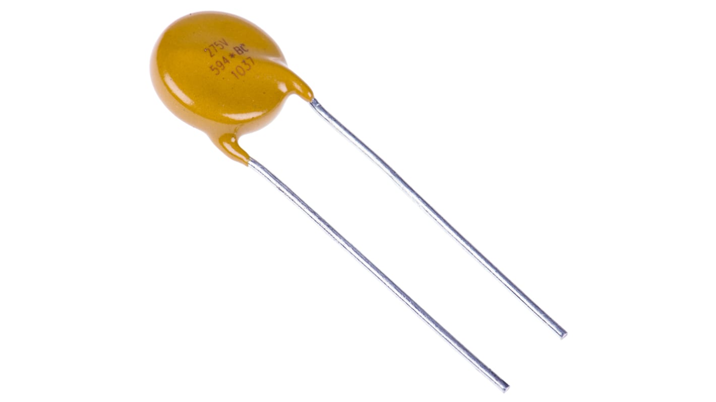 Vishay NTCLE100E3 Varistor, 270pF, 430V, 275V, 63J, Metall / 25A, 2500A max., mm, Ø 13.5mm, 5.4mm, L. 31.5mm