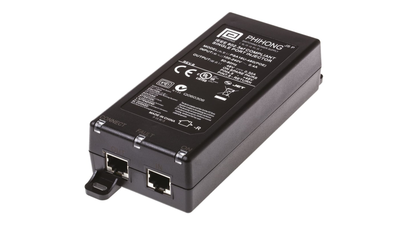 Phihong PoE Injektor 90 → 264V ac Input / 48V dc Output, 320mA 1 Port 15.4W, Tisch 140mm L. 65mm B. 36mm T.