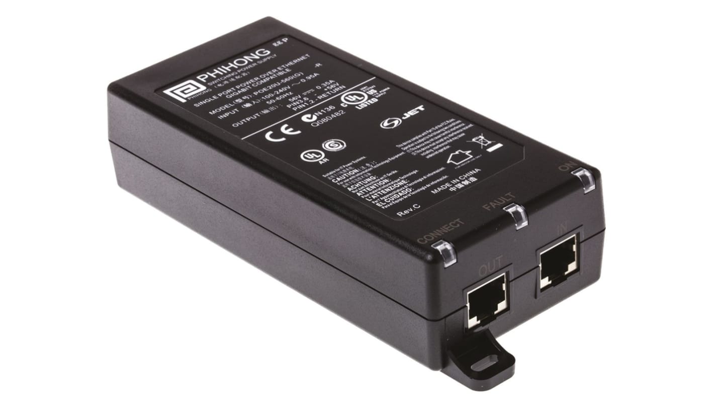 Phihong PoE Injektor 90 → 264V ac Input / 56V dc Output, 350mA 1 Port 19.6W, Tisch 140mm L. 65mm B. 36mm T.