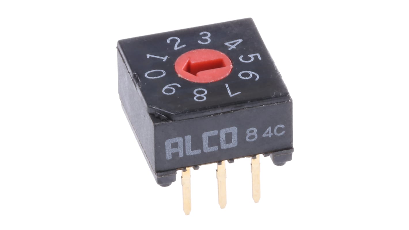 DIP switch 10-polet, Hulmontering, Drejeaktuator plan 20 mA ved 20 V dc, 10-vejs, -30 → +85°C