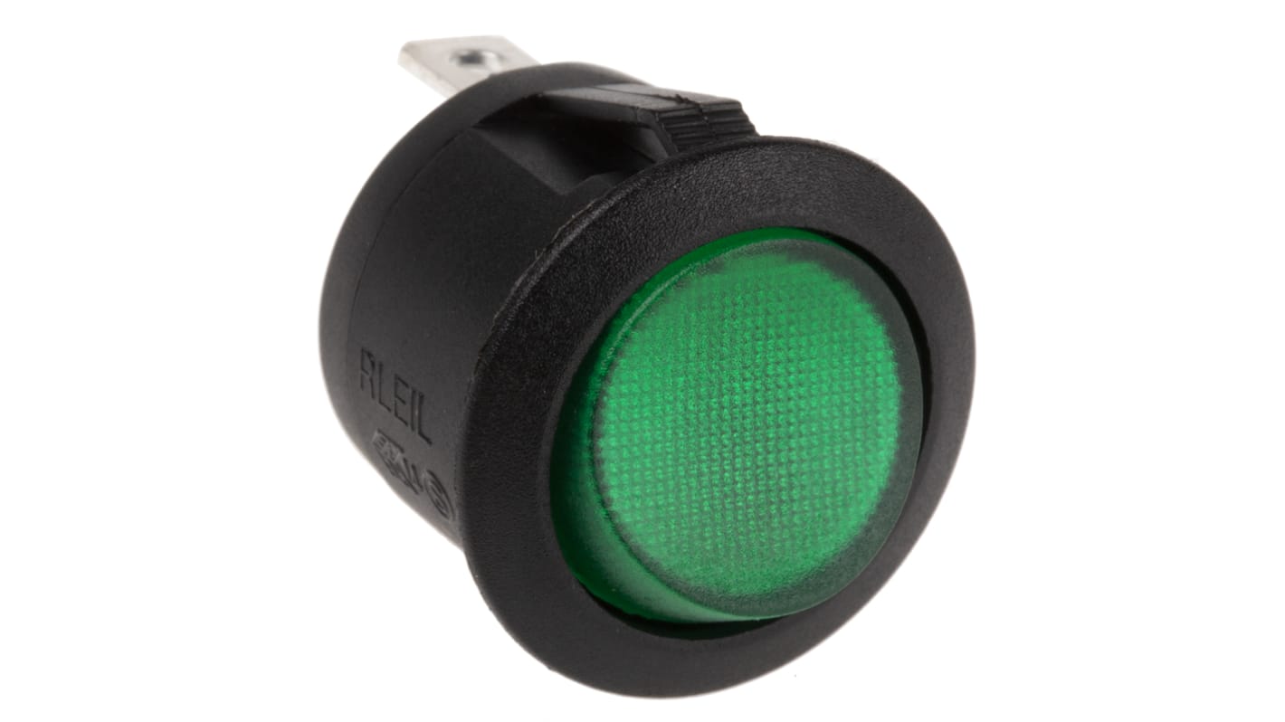 Interruptor de balancín, Contacto SPST, On-Off, 10 A a 12 V dc, Iluminado, Verde