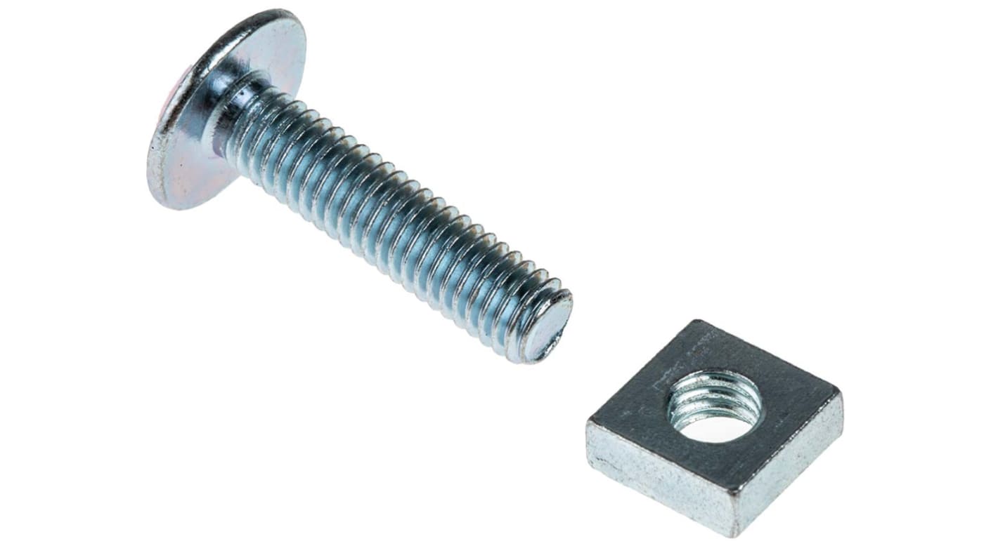 Boulon, Vis à tête plate large + écrou carré, Acier, M6 x 25mm | RS