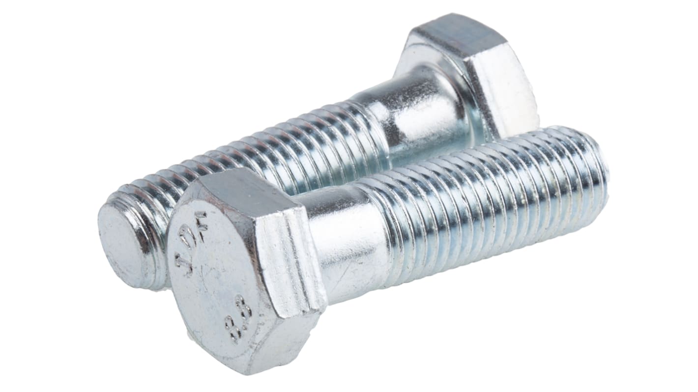 RS PRO Bright Zinc Plated Steel Hex, Hex Bolt, M16 x 55mm