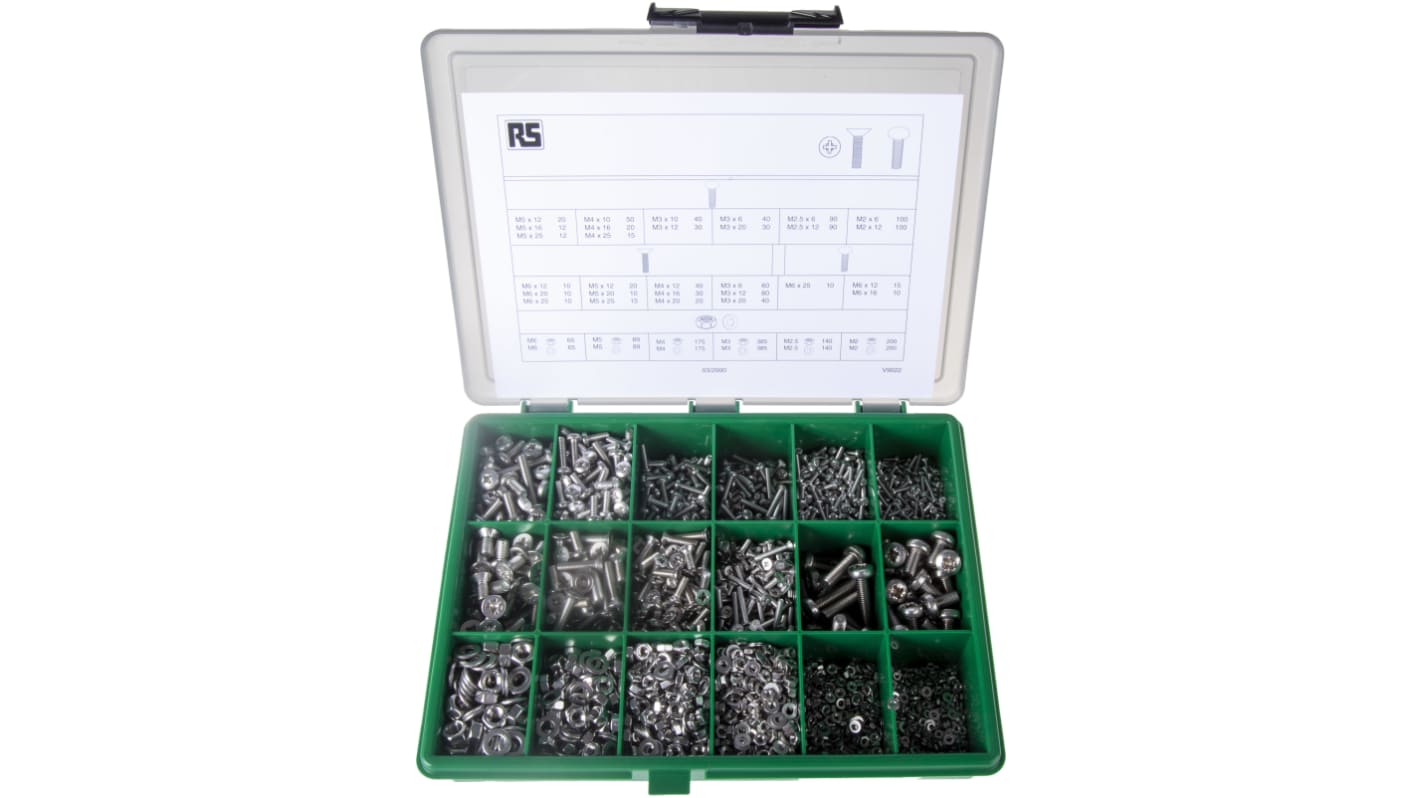 Kit de tornillos M2, M2.5, M3, M4, M5, M6 de Acero Inoxidable con huella Pozidriv RS PRO, contiene 3168 piezas