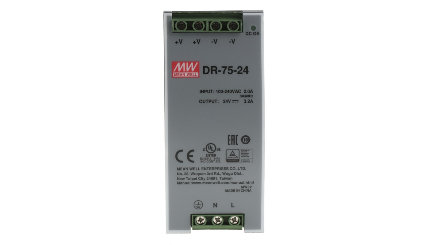 Mean Well DR Switch-Mode DIN-Schienen Netzteil 75W, 120 → 370 V dc, 85 → 264 V ac, 24V dc / 3.2A