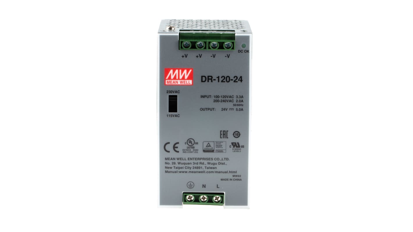 MEAN WELL DR Switch Mode DIN Rail Power Supply, 88 → 132V ac ac Input, 24V dc dc Output, 5A Output, 120W