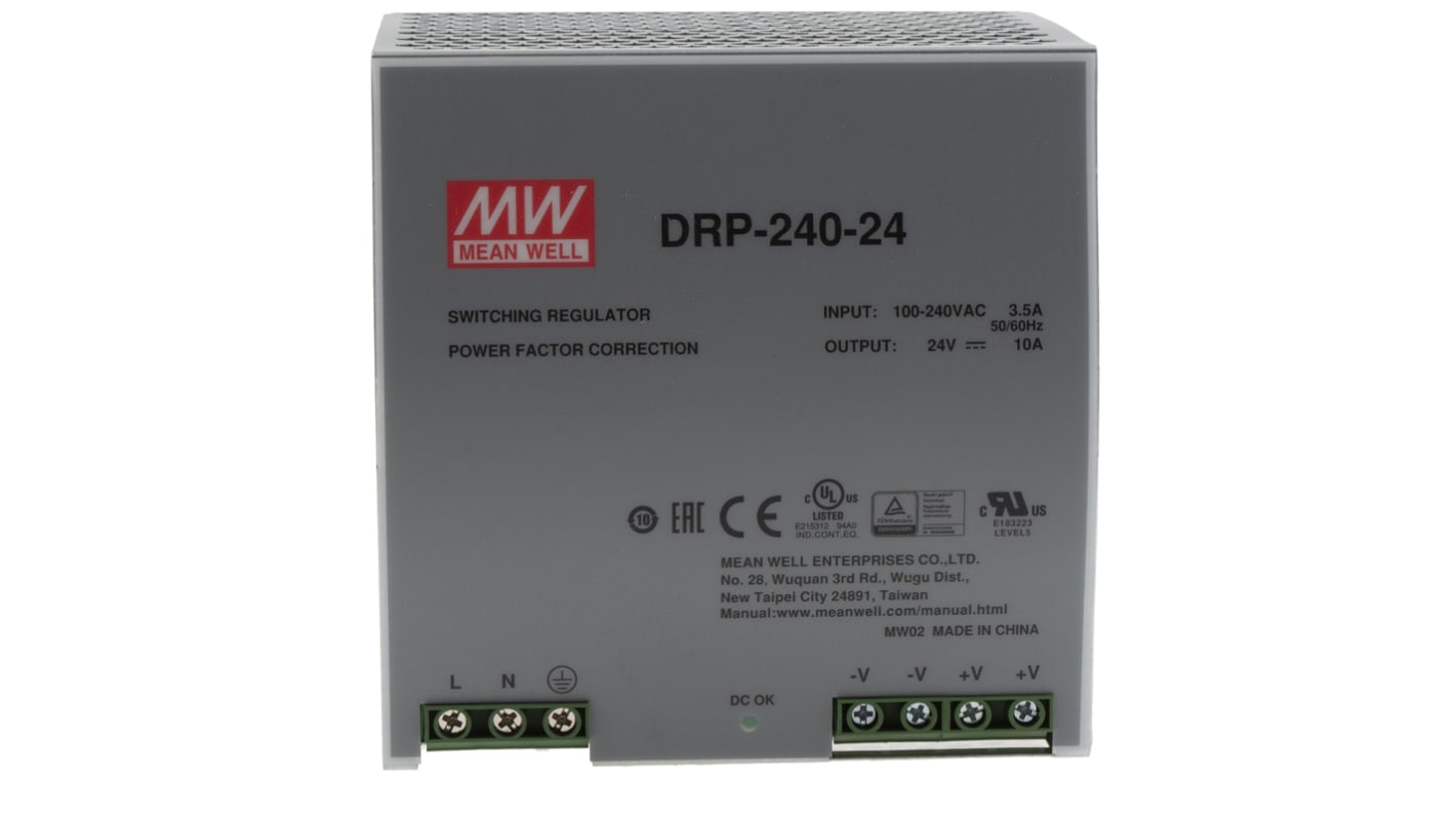 Mean Well DRP Switch-Mode DIN-Schienen Netzteil 240W, 85 → 264V ac, 24V dc / 10A