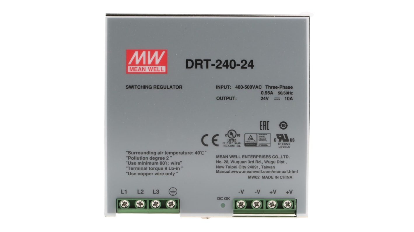 Mean Well DINレール取付け用スイッチング電源, DRT-240-24, 出力：10A, 定格：240W 入力電圧：ac 出力電圧：dc 24V dc/