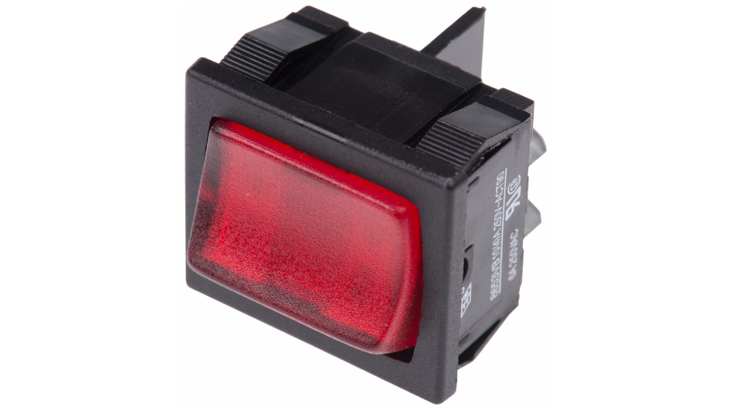 Kolébkový spínač osvětlený, barva ovladače: Červená DPST Zap-vyp 10 A
