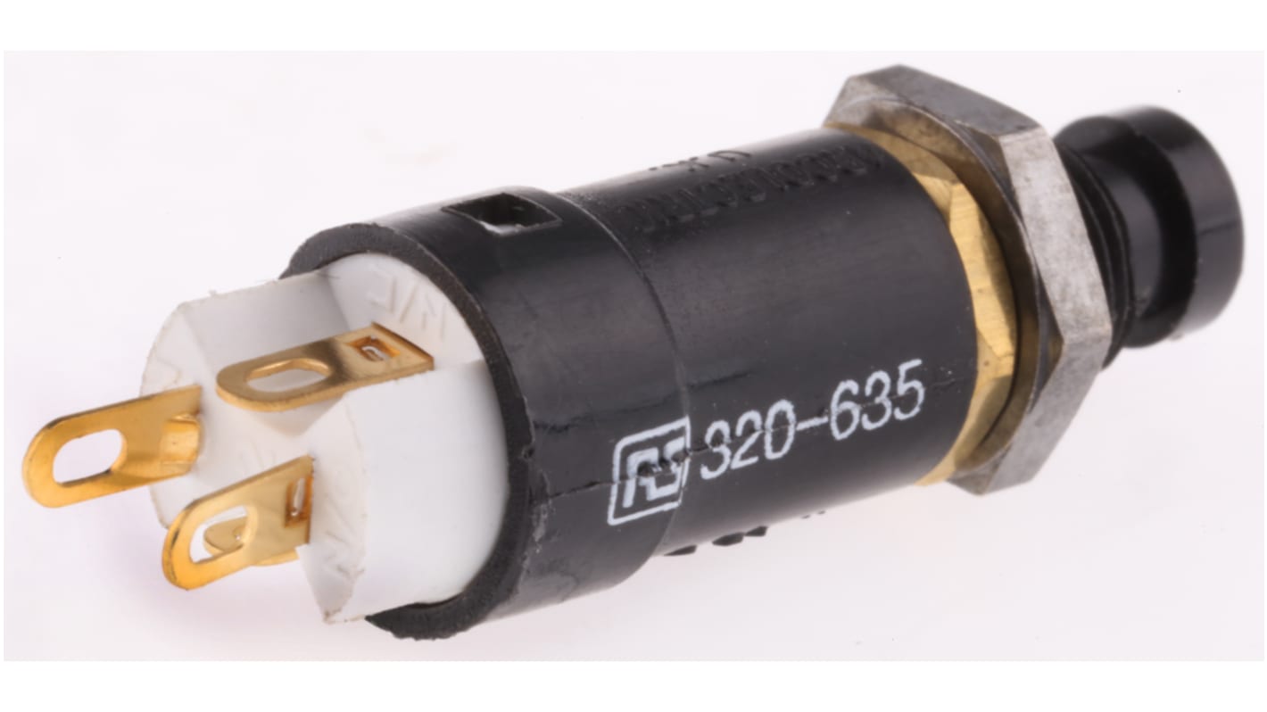 Miniatűr nyomógombos kapcsoló DPDT, Panelre szerelhető, müködése: Pillanatnyi, 500 mA 250 V AC esetén