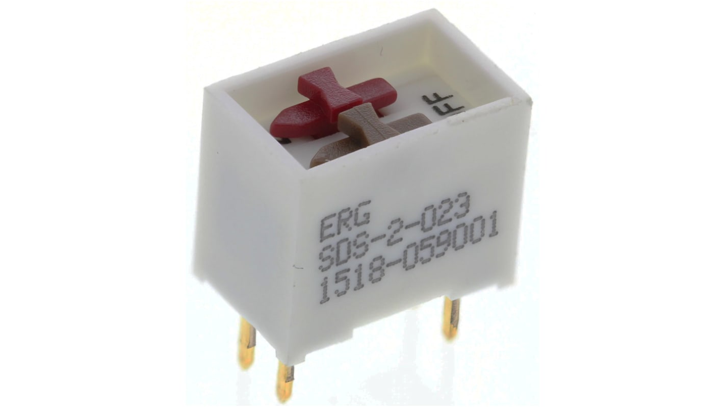 DIP switch 2-polet single-throw, Hulmontering, Skyde 1 A ved 100 V, 2-vejs, -55 → +100°C