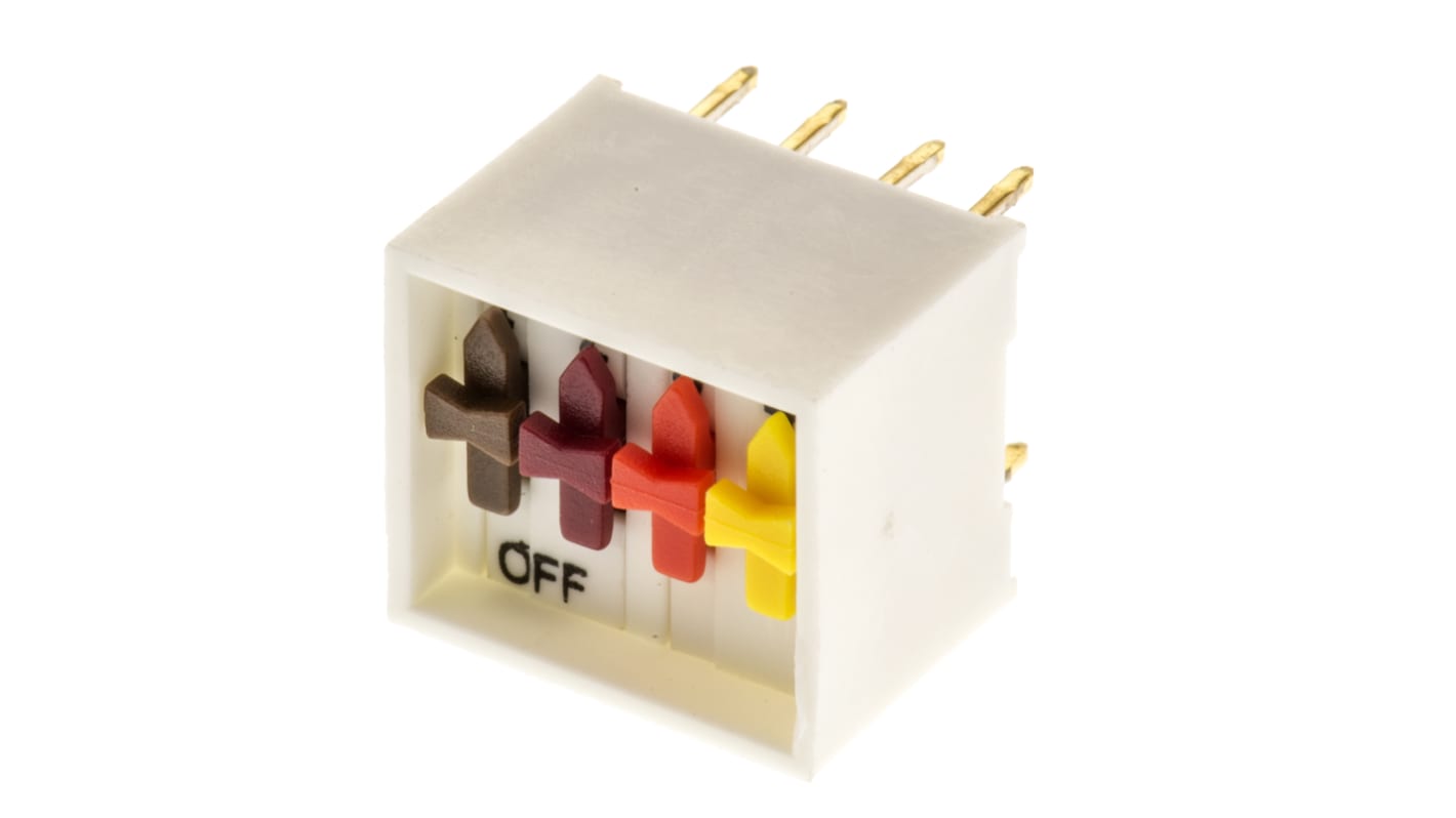 DIP switch 4-polet single-throw, Hulmontering, Skyde 1 A ved 100 V, 4-vejs, -55 → +100°C