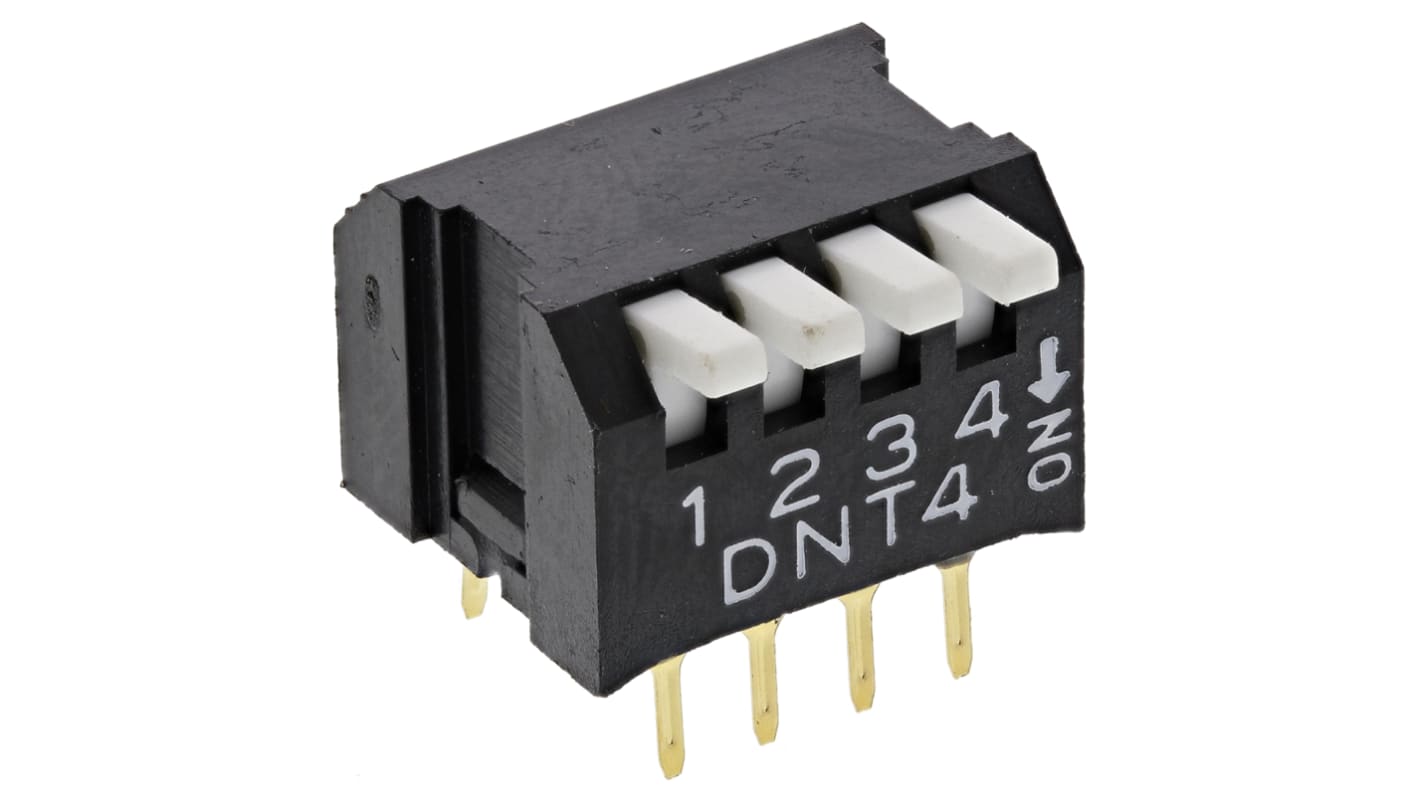 DIP switch, 1-polet, Hulmontering, Arm 100 mA ved 50 V=, 2-vejs, 20 → +80°C